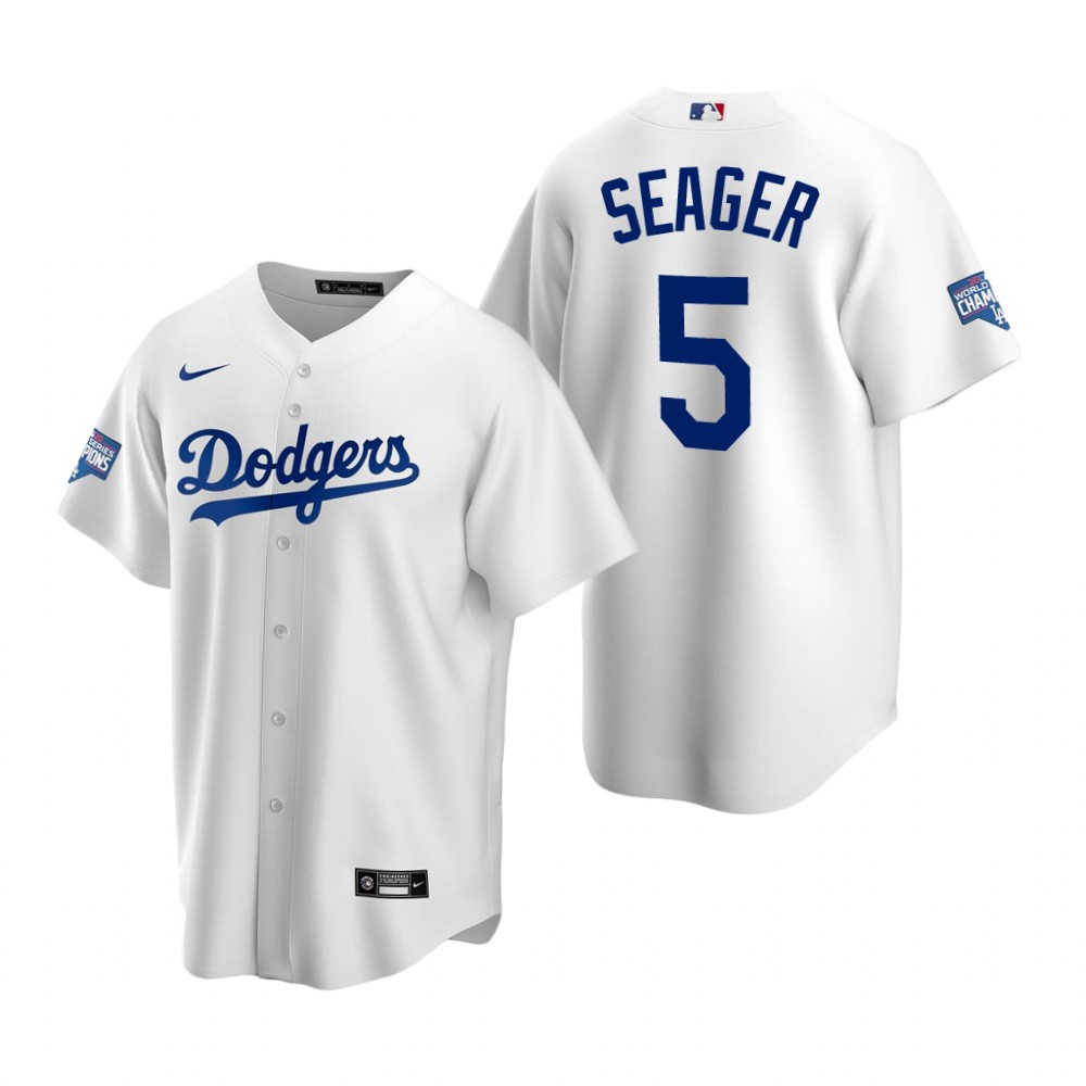 Los Angeles Dodgers 5 Corey Seager White 2020 World Series Champions Replica Jersey