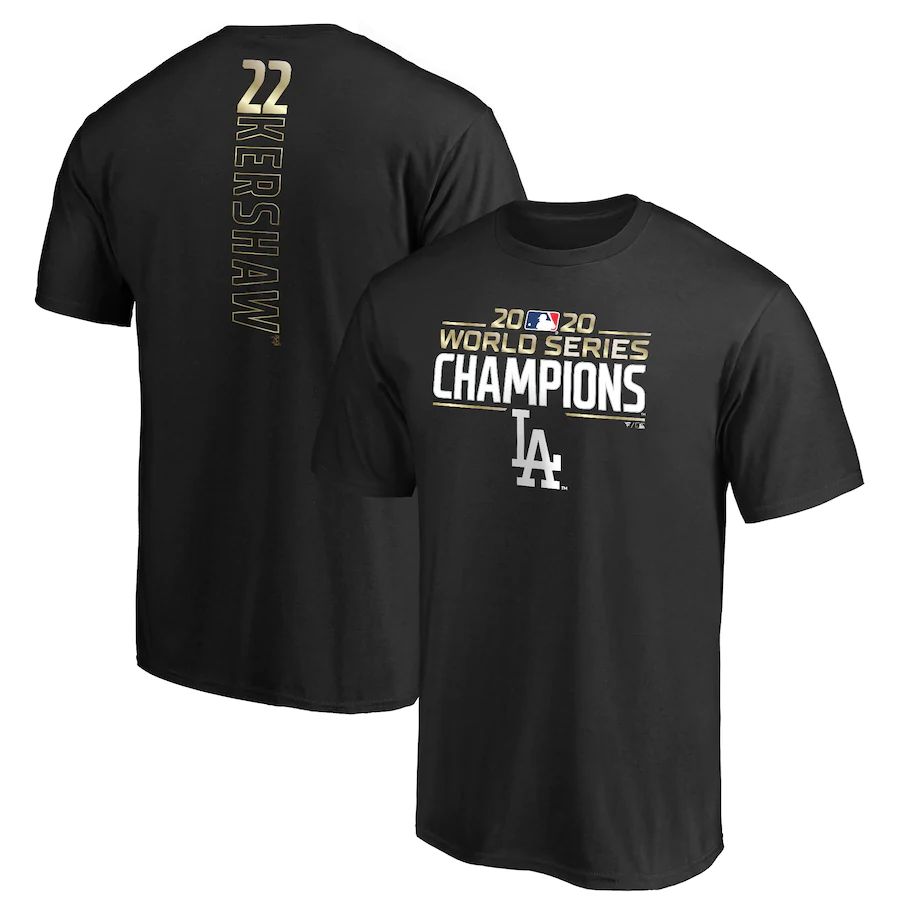 Los Angeles Dodgers Clayton Kershaw 2020 World Series Champions Name & Number T-Shirt Black