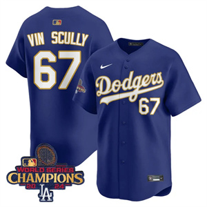Los Angeles Dodgers Gold 2025 Jersey - All Stitched Royal Vin Scully 67