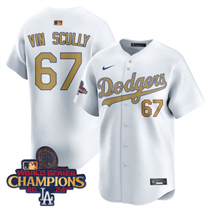 Los Angeles Dodgers Gold 2025 Jersey - All Stitched White Gold Vin Scully 67