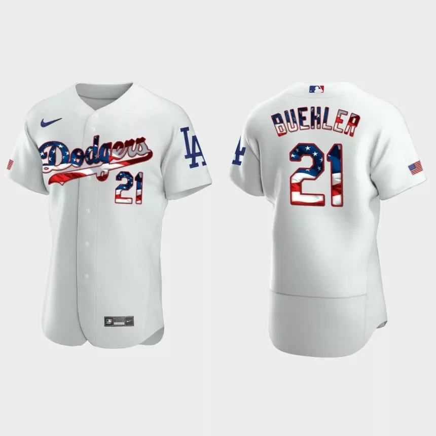 Los Angeles Dodgers Walker Buehler 2020 Stars & Stripes 4th of July Jersey – White