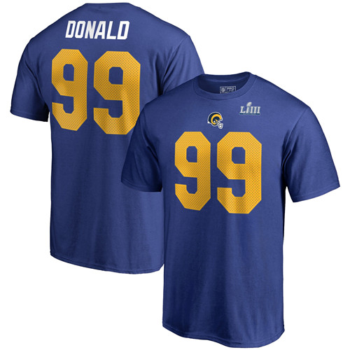 Los Angeles Rams 99 Aaron Donald NFL Pro Line By Fanatics Branded Super Bowl LIII Bound Eligible Receiver Name & Number T-Shirt Royal