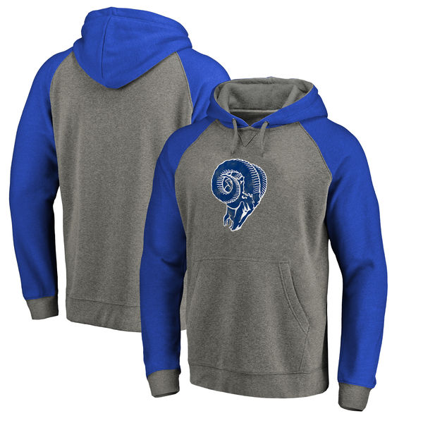 Los Angeles Rams NFL Pro Line By Fanatics Branded Throwback Logo Tri-Blend Raglan Pullover Hoodie Gray Royal