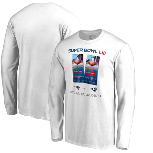 Los Angeles Rams Vs. New England Patriots NFL Pro Line By Fanatics Branded Super Bowl LIII Dueling Ticket Long Sleeve T-Shirt White