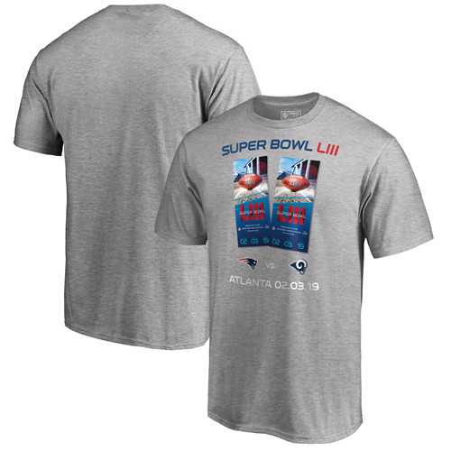 Los Angeles Rams Vs. New England Patriots NFL Pro Line By Fanatics Branded Super Bowl LIII Dueling Ticket T-Shirt Heather Gray