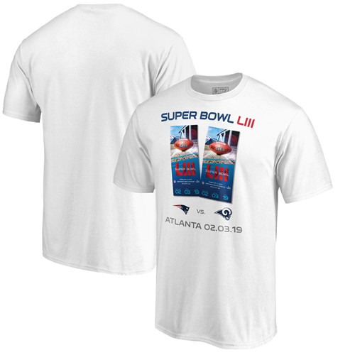 Los Angeles Rams Vs. New England Patriots NFL Pro Line By Fanatics Branded Super Bowl LIII Dueling Ticket T-Shirt White