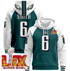 MEN Philadelphia Eagles Super Bowl LIX Patch Pullover Hoodie  Midnight Green  DeVonta Smith 6