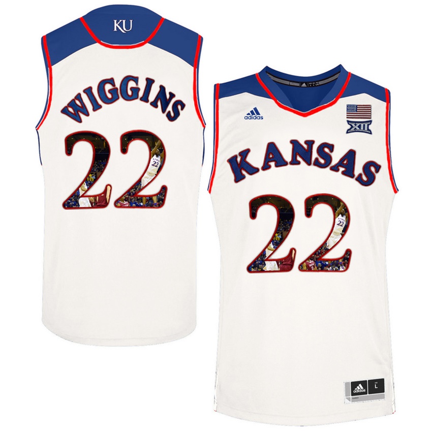 Male Kansas Jayhawks White Andrew Wiggins NCAA Basketball Jersey with Player Pictorial