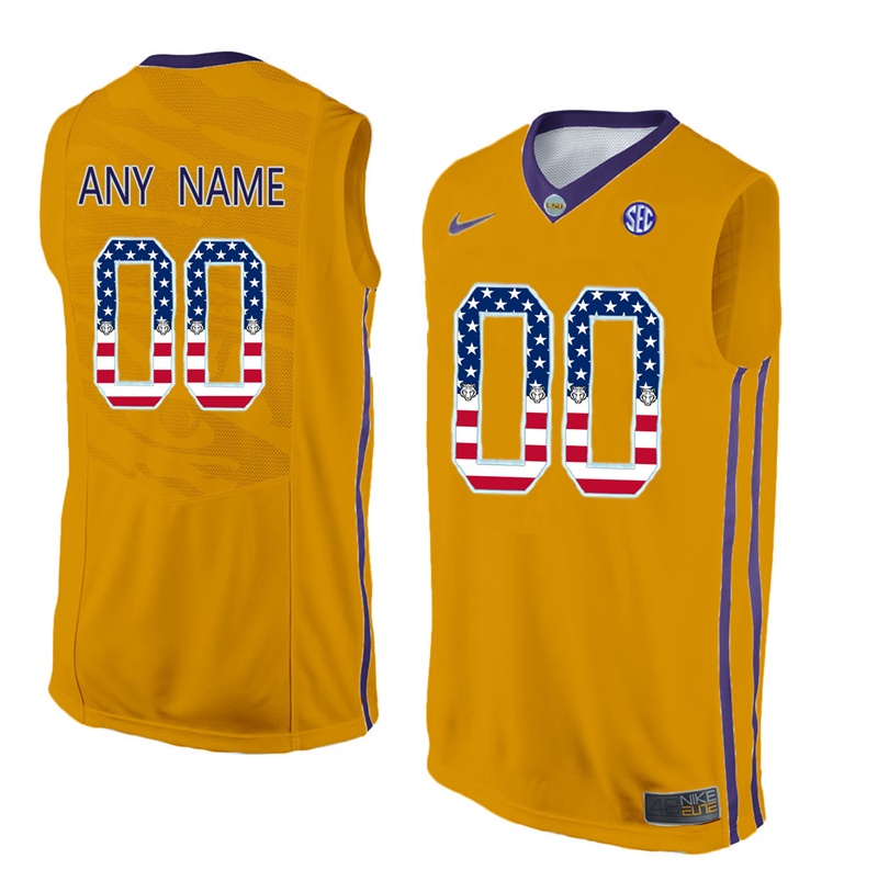 Male LSU Tigers Gold College Basketball US Flag Fashion Customized Jersey