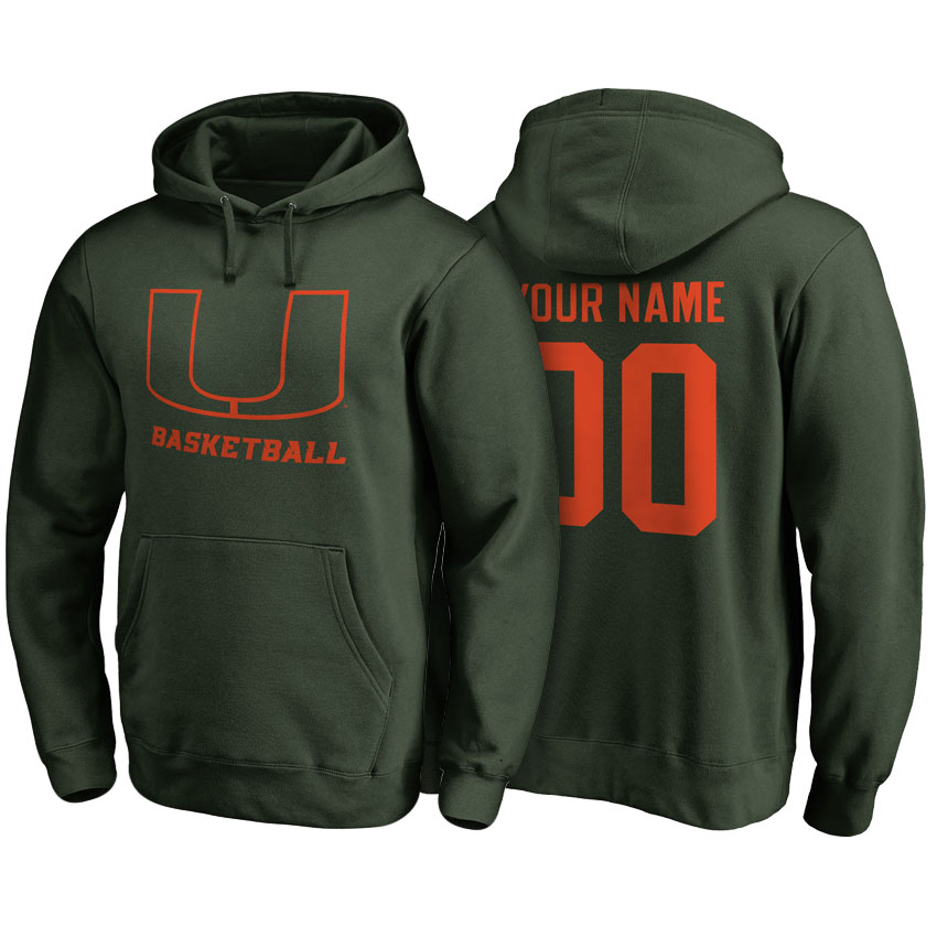 Male Miami Hurricanes Green Custom Name And Number Basketball Hoodie