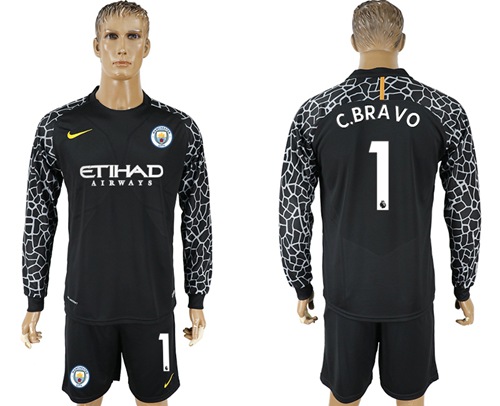 Manchester City #1 C.Bravo Black Goalkeeper Long Sleeves Soccer Club Jersey