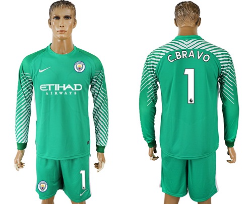 Manchester City #1 C.Bravo Green Goalkeeper Long Sleeves Soccer Club Jersey