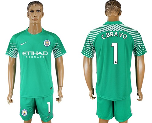 Manchester City #1 C.Bravo Green Goalkeeper Soccer Club Jersey