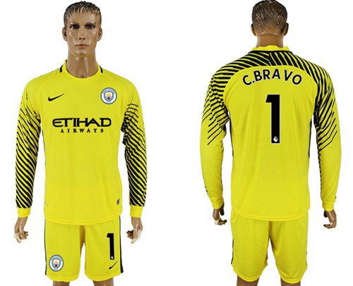 Manchester City #1 C.Bravo Yellow Goalkeeper Long Sleeves Soccer