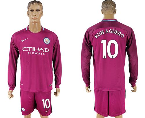 Manchester City #10 Kun Aguero Away Long Sleeves Soccer Club Jersey