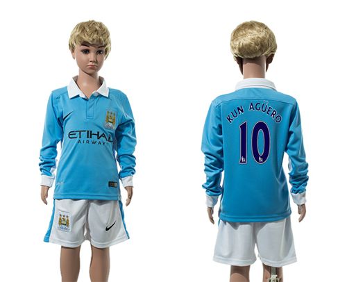 Manchester City #10 Kun Aguero Home Long Sleeves Kid Soccer Club Jersey