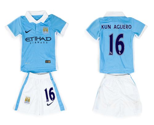 Manchester City #16 Kun Aguero Home Kid Soccer Club Jersey