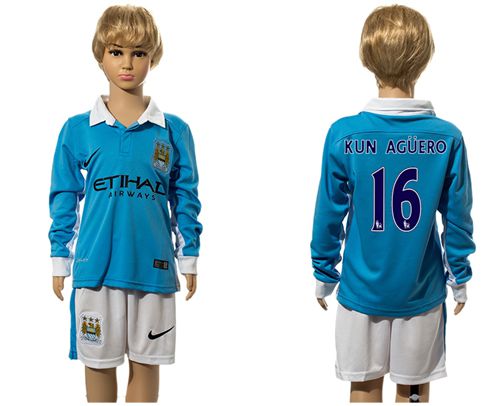 Manchester City #16 Kun Aguero Home Long Sleeves Kid Soccer Club Jersey