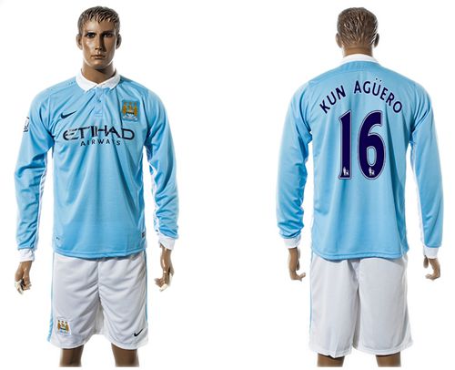 Manchester City #16 Kun Aguero Home Long Sleeves Soccer Club Jersey