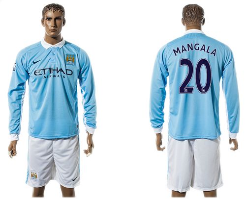 Manchester City #20 Mangala Home Long Sleeves Soccer Club Jersey