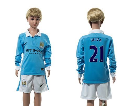 Manchester City #21 Silva Home Long Sleeves Kid Soccer Club Jersey