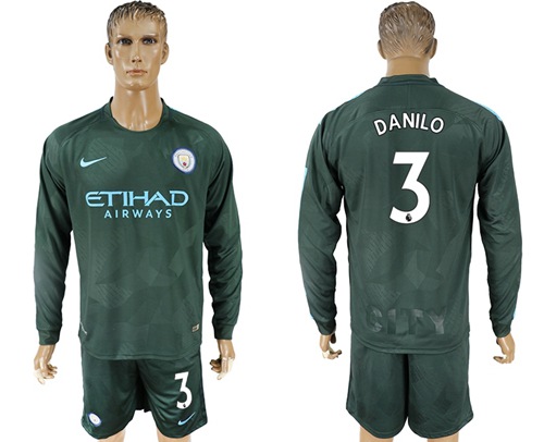 Manchester City #3 Danilo Sec Away Long Sleeves Soccer Club Jersey