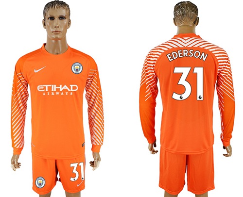 Manchester City #31 Ederson Orange Goalkeeper Long Sleeves Soccer Club Jersey