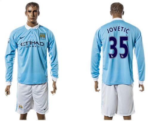 Manchester City #35 Jovetic Home Long Sleeves Soccer Club Jersey