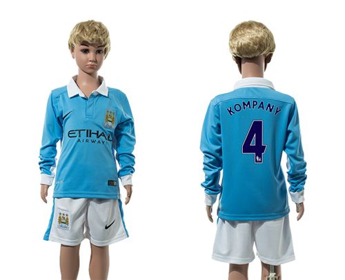 Manchester City #4 Kompany Home Long Sleeves Kid Soccer Club Jersey