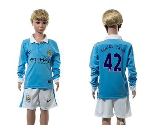 Manchester City #42 Toure YAYA Home Long Sleeves Kid Soccer Club Jersey