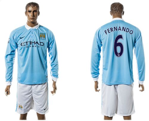 Manchester City #6 Fernando Home Long Sleeves Soccer Club Jersey