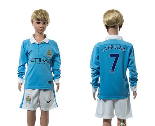 Manchester City #7 Sterling Home Long Sleeves Kid Soccer Club Jersey