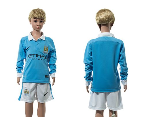 Manchester City Blank Home Long Sleeves Kid Soccer Club Jersey