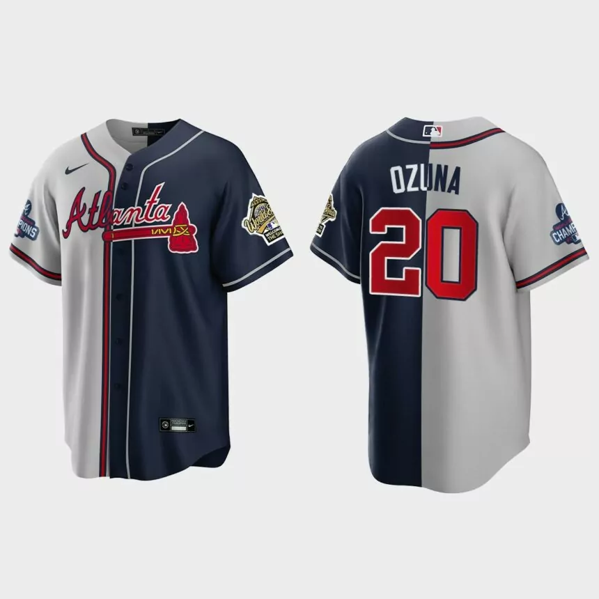 Marcell Ozuna Atlanta Braves 2021 World Series Champions 1995 Throwback Split Jersey – Gray Navy