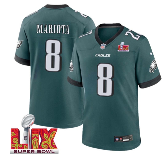 Marcus Mariota No 8 Men Super Bowl LIX Philadelphia Eagles Home Game 2025 Jersey- Replica