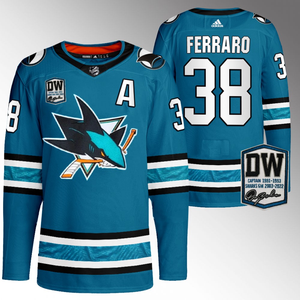 Mario Ferraro San Jose Sharks Wilson 24 patch Primegreen Teal Jersey