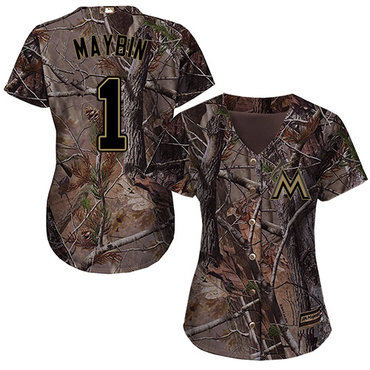 Marlins #1 Cameron Maybin Camo Realtree Collection Cool Base Women's Stitched Baseball Jersey