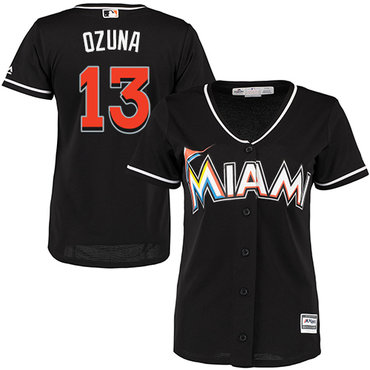 Marlins #13 Marcell Ozuna Black Alternate Women's Stitched MLB Jersey