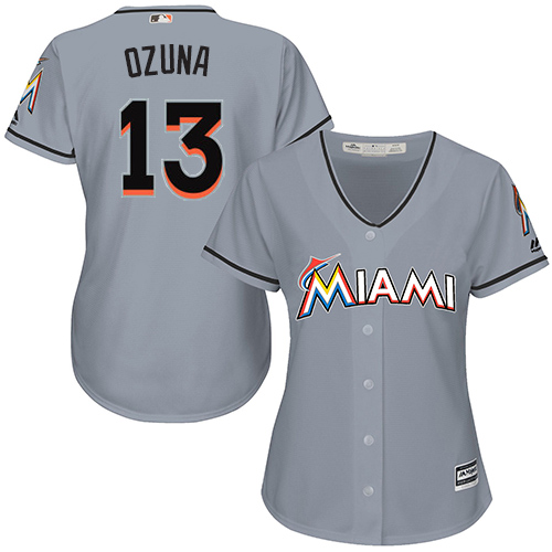 Marlins #13 Marcell Ozuna Grey Road Women's Stitched MLB Jersey
