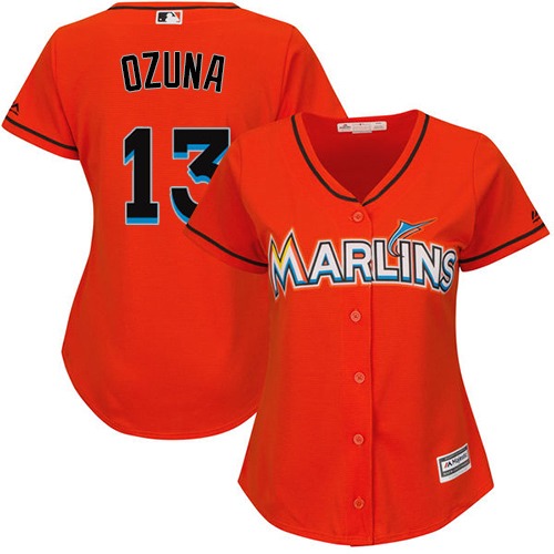 Marlins #13 Marcell Ozuna Orange Alternate Women's Stitched MLB Jersey