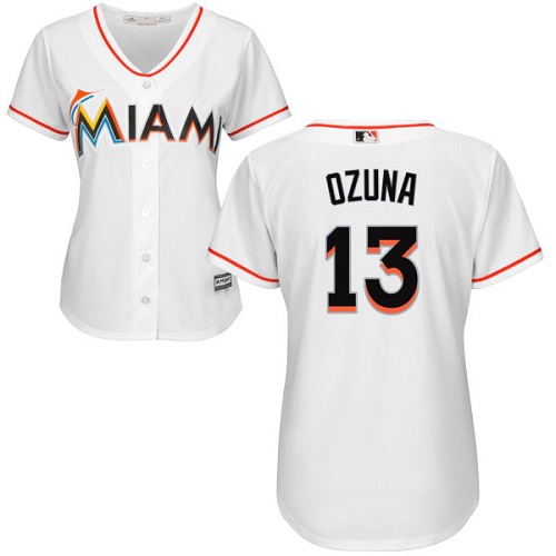 Marlins #13 Marcell Ozuna White Home Women's Stitched MLB Jersey