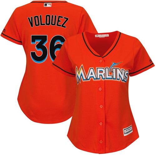 Marlins #36 Edinson Volquez Orange Alternate Women's Stitched MLB Jersey