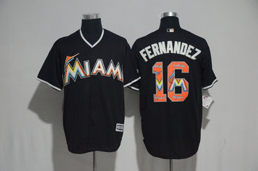 Marlins 16 Jose Fernandez Black Team Logo Print Cool Base Jersey