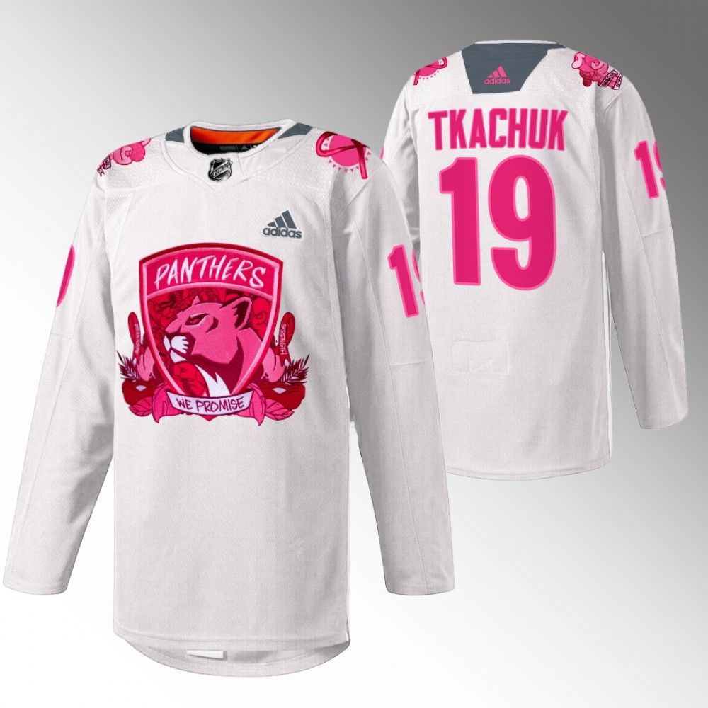 Matthew Tkachuk Panthers Pink in the Rink Jersey White Warmup