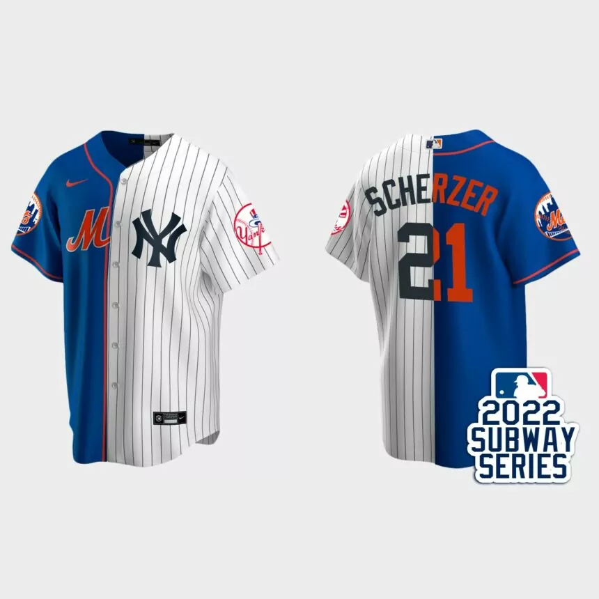 Max Scherzer New York Mets 2022 Subway Series Split Jersey – Royal White