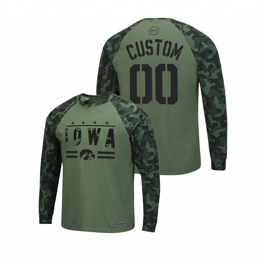 Men #00 Custom Iowa Hawkeyes Olive OHT Military Appreciation Camo Longsleeve T-Shirt