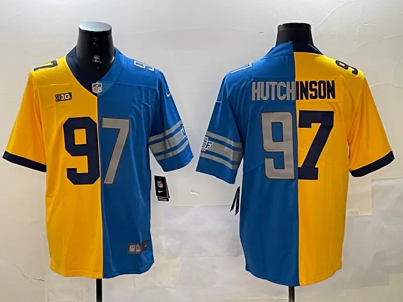 Men's    Detroit Lions # 97 Aidan Hutchinson Yellow Blue Split Vapor Limited Stitched Jersey