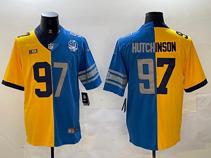 Men's    Detroit Lions #97    Aidan Hutchinson Yellow Blue Split Vapor Limited Stitched Jersey