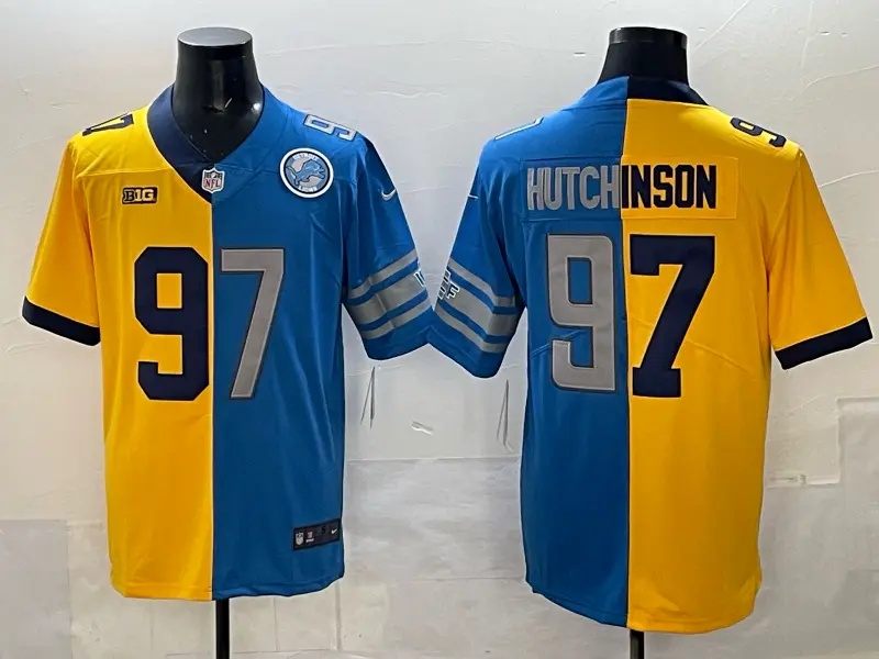 Men's    Detroit Lions #97 Aidan Hutchinson Yellow Blue Split Vapor Limited Stitched Jersey
