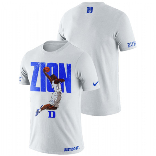 Men's #1 Zion Williamson Duke Blue Devils White Player Art College Basketball T-Shirt